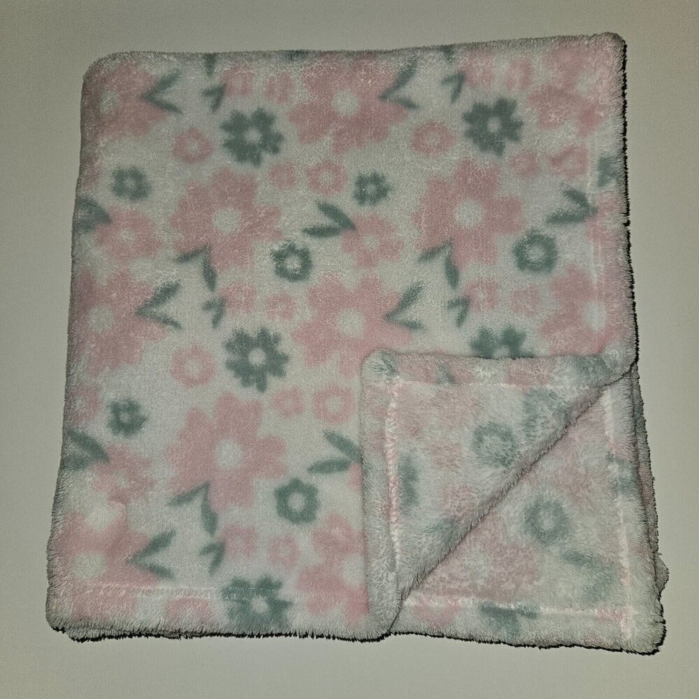 Baby Gear Pink Green Flowers Baby Blanket Lovey White Fleece Floral 30" x 30"